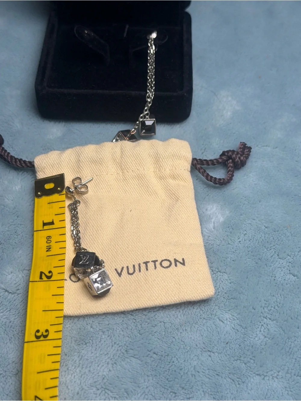 Louis Vuitton Silver Tone Monogram Cube Drop Earrings with Chain